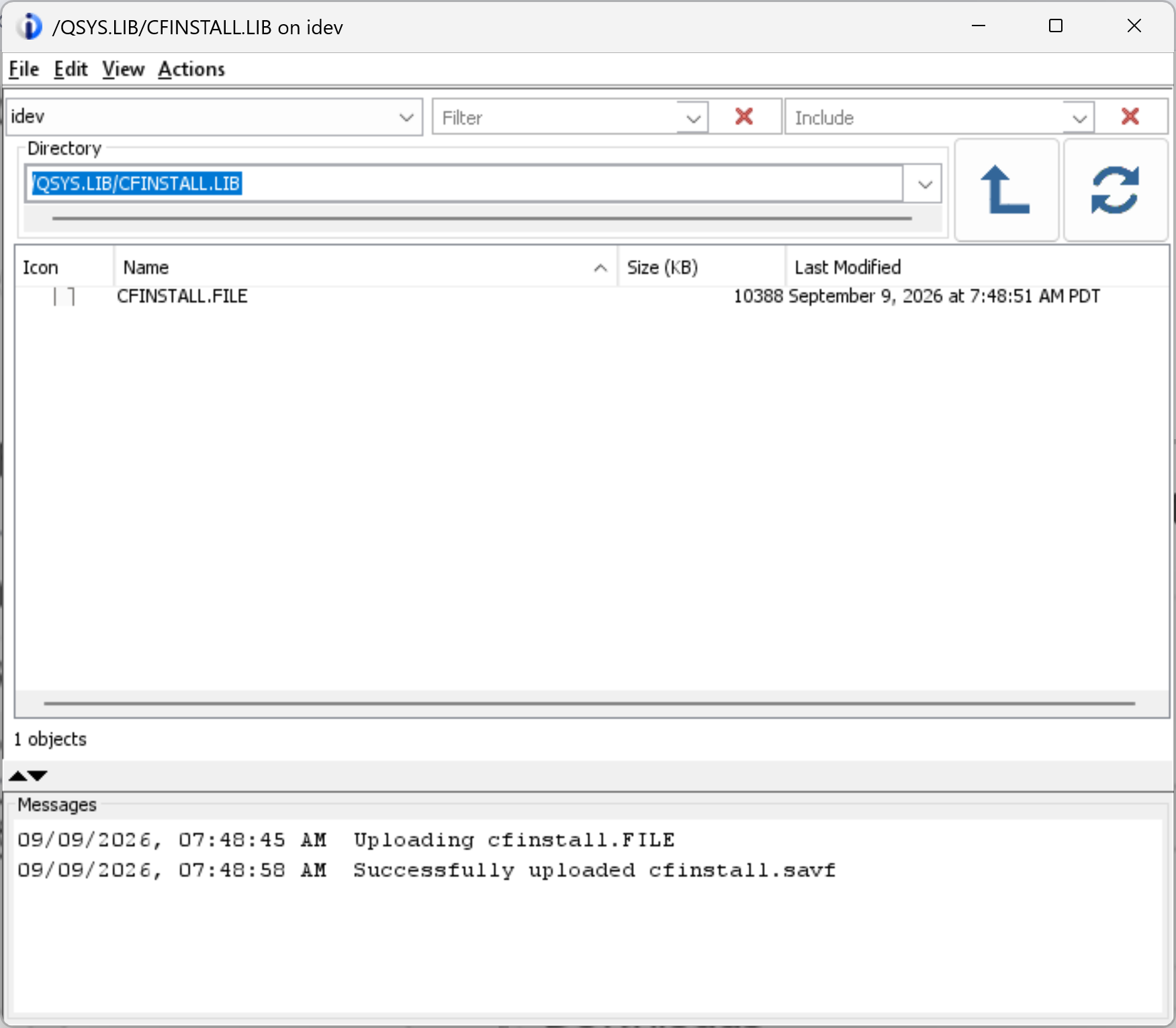 ACS showing CFINSTALL.FILE in the installer library and the successful upload message