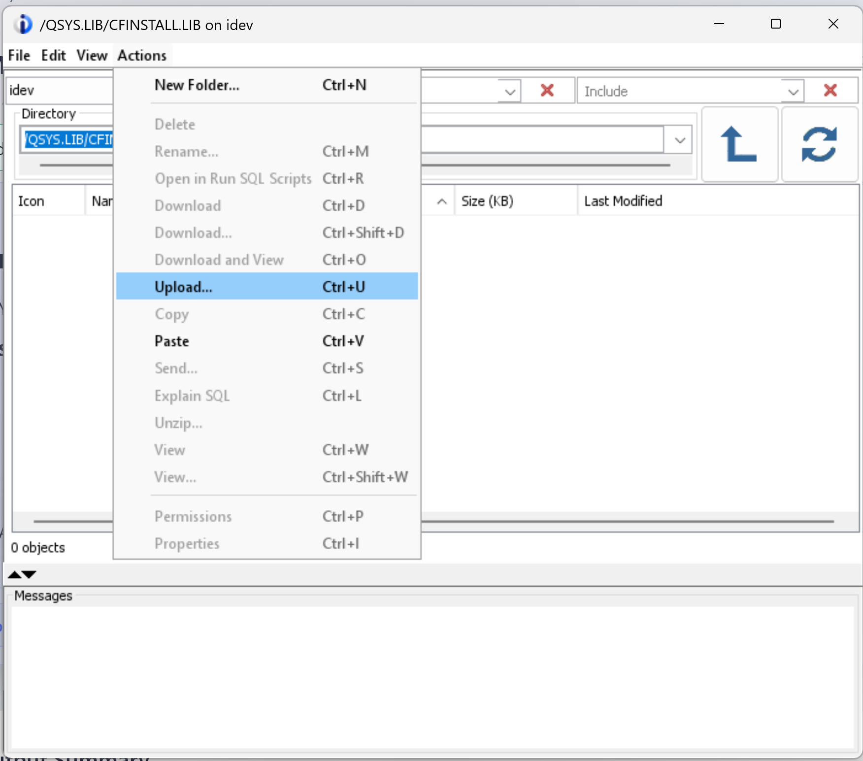 ACS Actions menu with Upload highlighted