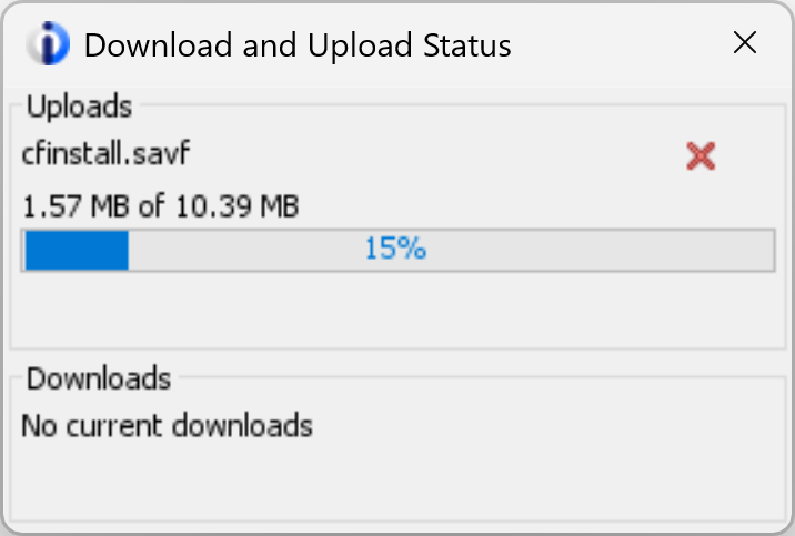 ACS Download and Upload Status window showing an installer upload in progress